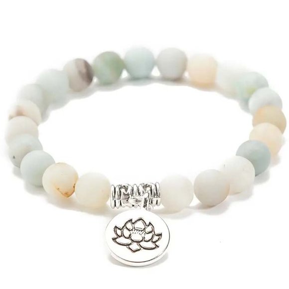 AMAZONITE STONES & LOTUS BLOSSOM Jewelry - AMAZONITE STONE BEADS & SILVERY LOTUS BLOSSOM CHARM BRACELET 40 B